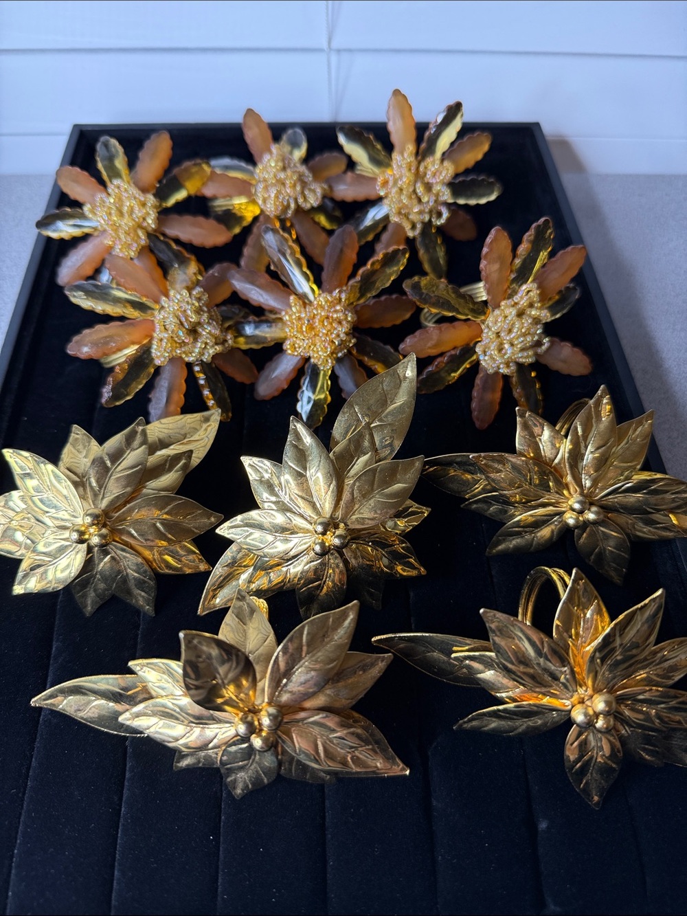Vintage Golden Floral Holiday Napkin Rings decor craft poinsetta & lucite brass